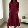thumbnail image 1 of ClodeEU Women's Linen Blend V Neck Half Sleeve Dress with Ruffle Hem,Solid Color Casual Midi Dress with Pockets Wine,Women's Plus M, 1 of 8