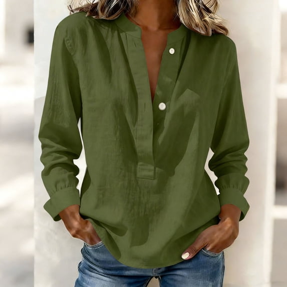 ClodeEU Women's Linen Blend V Neck Long Sleeve Button Shirt ,Loose Fit Casual Blouse Green,Womens Plus S