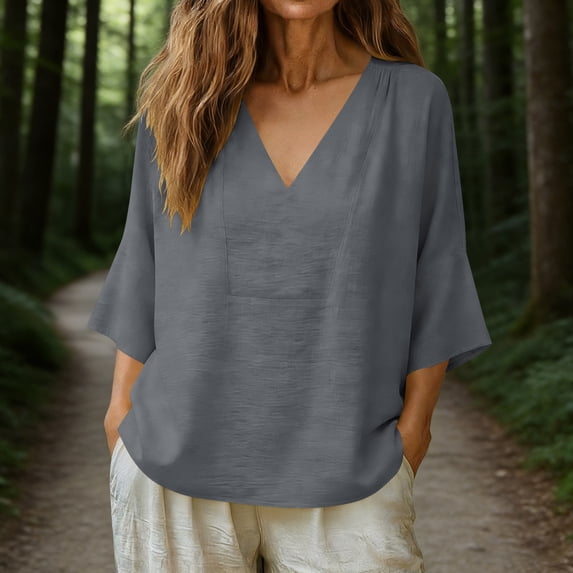 ClodeEU Women's Linen Blend V Neck Loose Fit Blouse with Shoulder Pleats ,Solid Color Loose Casual Top Gray,Womens Plus XXL