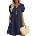 thumbnail image 1 of ClodeEU Women's Linen Blend V Neck Puff Sleeve Half Button Midi Dress with Pockets ,Solid Color Casual Summer Dress Navy,Women's Plus M, 1 of 5