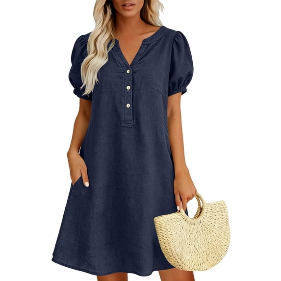 ClodeEU Women's Linen Blend V Neck Puff Sleeve Half Button Midi Dress with Pockets ,Solid Color Casual Summer Dress Navy,Women's Plus M