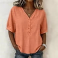 thumbnail image 1 of ClodeEU Women's Linen Blend V Neck Short Sleeve Blouse, Casual Solid Color Loose Fit Summer Shirt Orange,Women's Plus L, 1 of 8