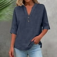 thumbnail image 1 of ClodeEU Women's Linen Blend V Neck Short Sleeve Button Blouse Top ,Solid Color Casual Shirt Navy,Womens Plus XXXXXL, 1 of 8