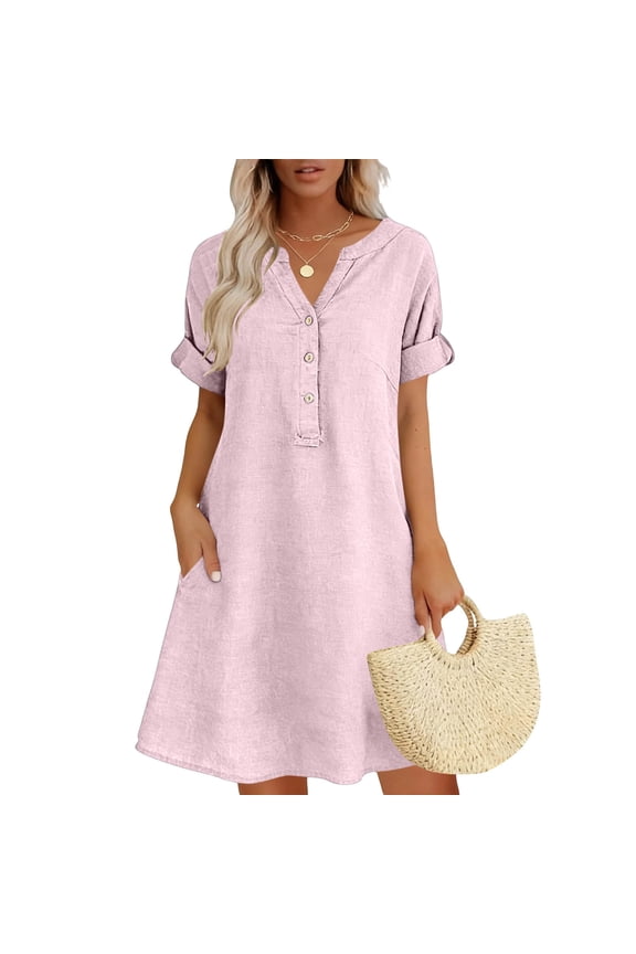 Women's Linen Blend V Neck Short Sleeve Half Button Midi Dress with Pockets ,Solid Color Casual Summer Dress Pink,Women's Plus XXXL