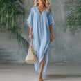 thumbnail image 1 of ClodeEU Women's Linen Blend V Neck Short Sleeve Loose Fit Maxi Dress ,Solid Color Casual Long Dress Blue,Womens Plus XXL, 1 of 6