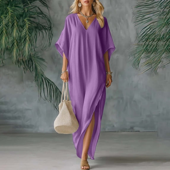 ClodeEU Women's Linen Blend V Neck Short Sleeve Loose Fit Maxi Dress ,Solid Color Casual Long Dress Purple,Womens Plus XXL
