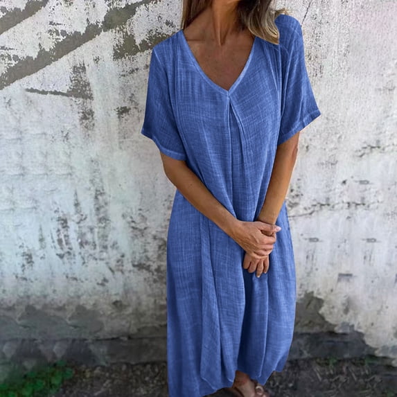 ClodeEU Women's Linen Blend V Neck Short Sleeve Midi Dress,Lightweight Casual Loose Fit Summer Dress Blue,Women's Plus L