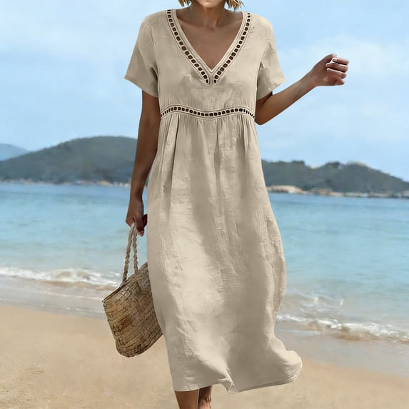 ClodeEU Women's Linen Blend V Neck Short Sleeve Tiered Ruffle Midi Dress,Casual Loose Boho Beach Sundress Beige,Women's Plus L