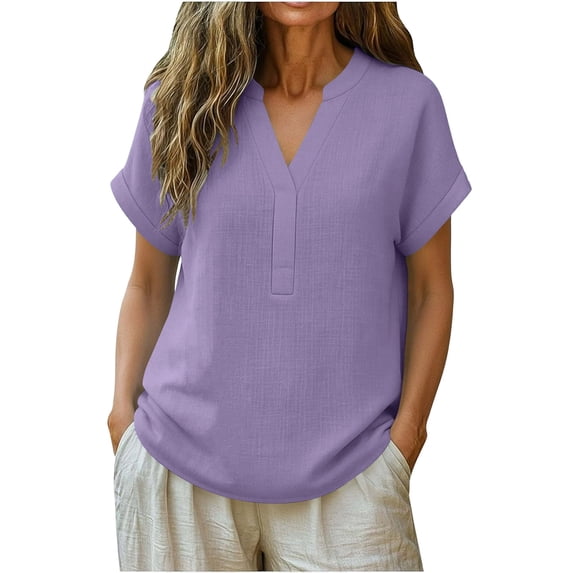 ClodeEU Women's Linen Blend V Neck Short Sleeve Top ,Loose Fit Casual Button Blouse Purple,Womens Plus XL