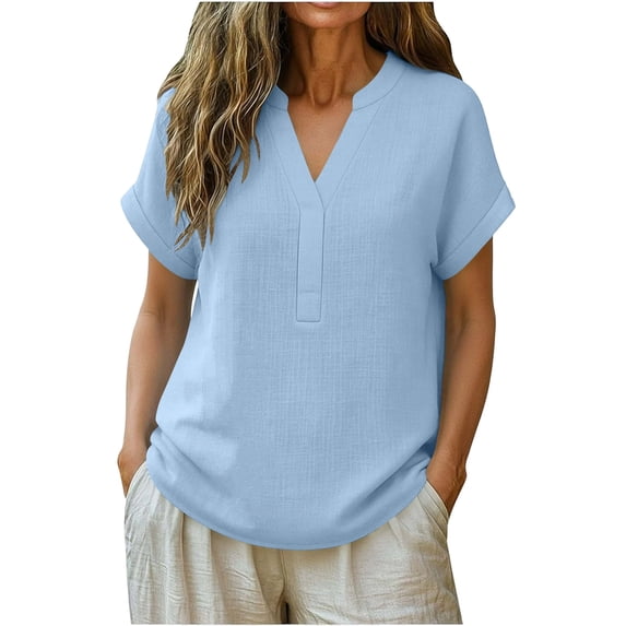 ClodeEU Women's Linen Blend V Neck Short Sleeve Top ,Loose Fit Casual Button Blouse Sky Blue,Womens Plus XL