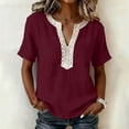 thumbnail image 1 of ClodeEU Women's Linen Blend V Neck Short Sleeve Top with Lace Trim ,Solid Color Casual Blouse Wine,Womens Plus L, 1 of 7