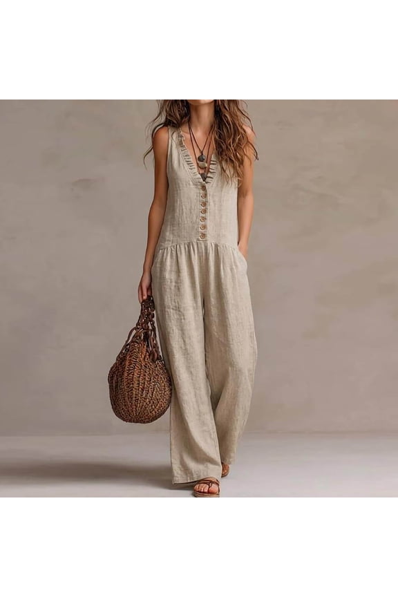 Women's Linen Blend V Neck Sleeveless Wide Leg Jumpsuit,Casual Romper with Pockets for Summer Khaki,Women's Plus M