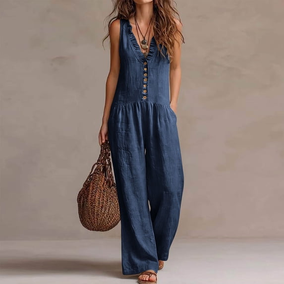 ClodeEU Women's Linen Blend V Neck Sleeveless Wide Leg Jumpsuit,Casual Romper with Pockets for Summer Navy,Women's Plus XL