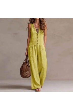 Women's Linen Blend V Neck Sleeveless Wide Leg Jumpsuit,Casual Romper with Pockets for Summer Yellow,Women's Plus M
