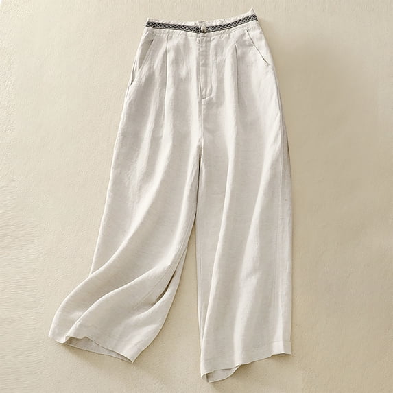 ClodeEU Women's Linen Blend Wide Leg Cropped Pants, Slimming Solid Color Trousers with Elastic Waist Beige,Womens Plus M