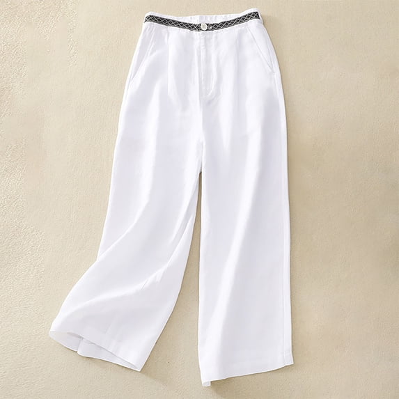 ClodeEU Women's Linen Blend Wide Leg Cropped Pants, Slimming Solid Color Trousers with Elastic Waist White,Womens Plus L