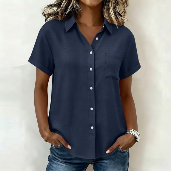 ClodeEU Women's Linen Button Down Short Sleeve Shirt,Casual Collared Blouse Dark Blue,Women's Plus M