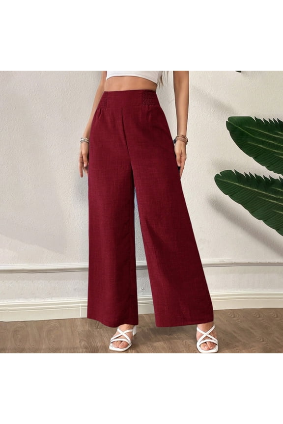 Women's Linen Elastic High Waisted Flowy Wide Leg Pants, Fall Casual Trousers Wine,Womens Plus XXL