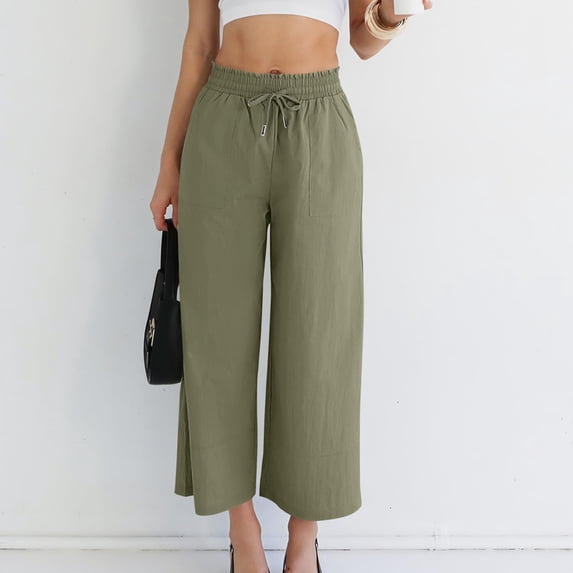 ClodeEU Women's Linen High Waist Flowy Wide Leg Pant with Drawstring ,Cropped Loose Trousers with Pockets Army Green,Womens Plus XL