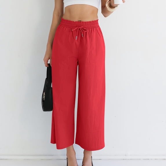 ClodeEU Women's Linen High Waist Flowy Wide Leg Pant with Drawstring ,Cropped Loose Trousers with Pockets Red,Womens Plus S