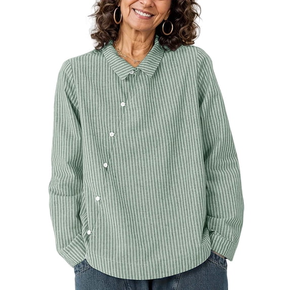 ClodeEU Women's Linen Look Striped Asymmetric Top,Casual Loose Fit Button Down Shirt with Lapel Collar Mint Green,Womens Plus L