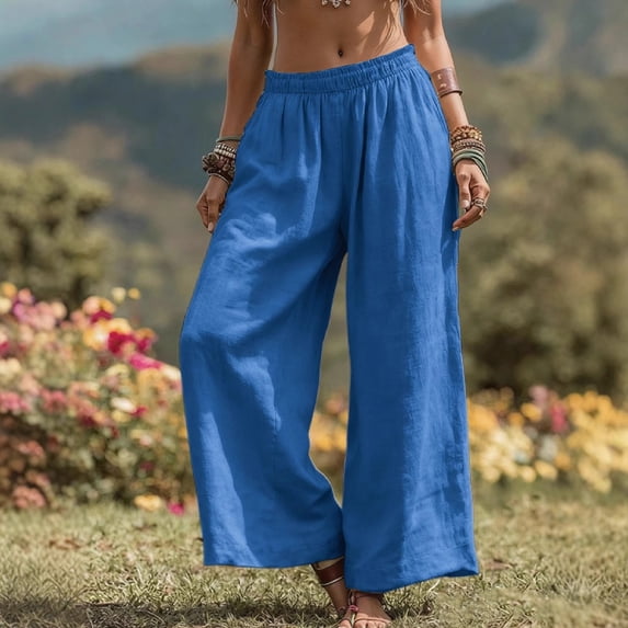 ClodeEU Women's Linen Low Waisted Wide Leg Pant, Casual Palazzo Pant with Pockets Blue,Womens Plus M