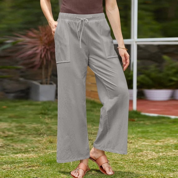 ClodeEU Women's Linen Pants, Summer Wide Leg Drawstring Trousers, Elastic Waist Pant ,Casual Loose Fit Trousers with Pockets Gray,Womens Plus L