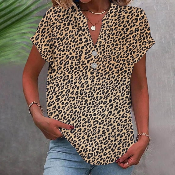 ClodeEU Women's Linen Printed V Neck Short Sleeve Top ,Casual Button Blouse for Home Wear Brown^,Womens Plus XXL