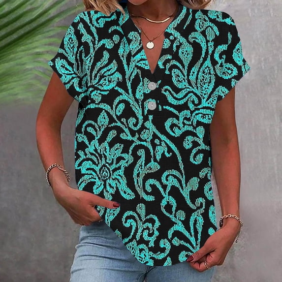 ClodeEU Women's Linen Printed V Neck Short Sleeve Top ,Casual Button Blouse for Home Wear Green,Womens Plus XXL