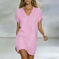 thumbnail image 1 of ClodeEU Women's Linen V Neck Short Sleeve T-Shirt Dress ,Solid Color Casual Loose Fit Summer Beach Mini Dress Pink,Women's Plus S, 1 of 8