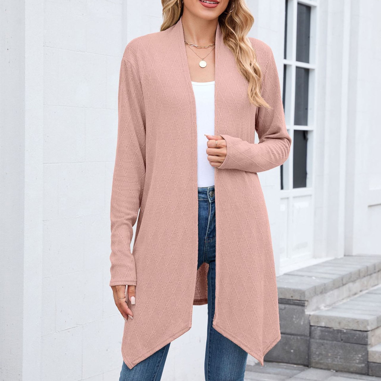 Women's Long Cardigan Sweaters ,Long Sleeve Knit Open Front Jacket,Lightweight Sweater with Pockets Pink,Womens Plus XXL