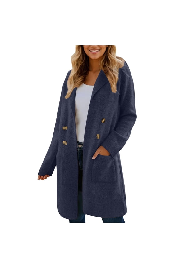 Women's Long Cardigan Sweaters With Pockets,Long Sleeve Double Breasted Knit Coat,Fall Lapel Sweater Blazer Coats Blue,Womens Plus M