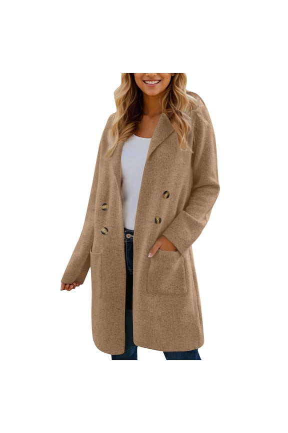 Women's Long Cardigan Sweaters With Pockets,Long Sleeve Double Breasted Knit Coat,Fall Lapel Sweater Blazer Coats Khaki,Womens Plus S