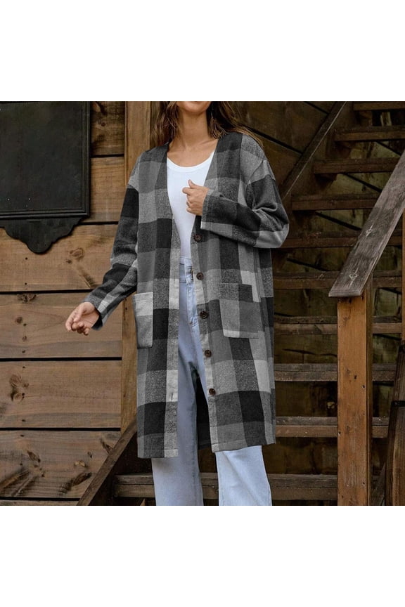 Women's Long Flannel Plaid Jacket ,V Neck Button Down Long Sleeve Trench Coats Gray,Womens Plus XXL