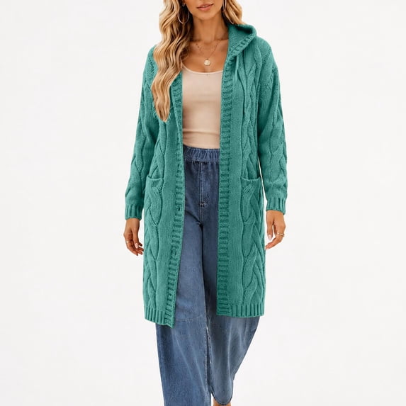 ClodeEU Women's Long Hooded Cable Knit Cardigan,Casual Long Sweater Coat With Pockets ,Women's Plus XS