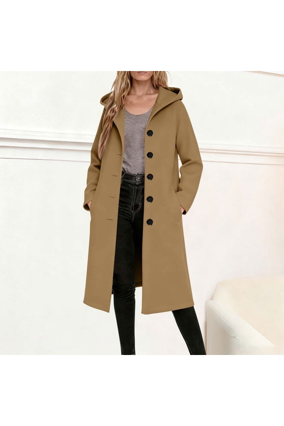 Women's Long Hooded Wool Coat With Buttons and Pockets,Fall winter Fashions Slim Overcoat Brown,Womens Plus S