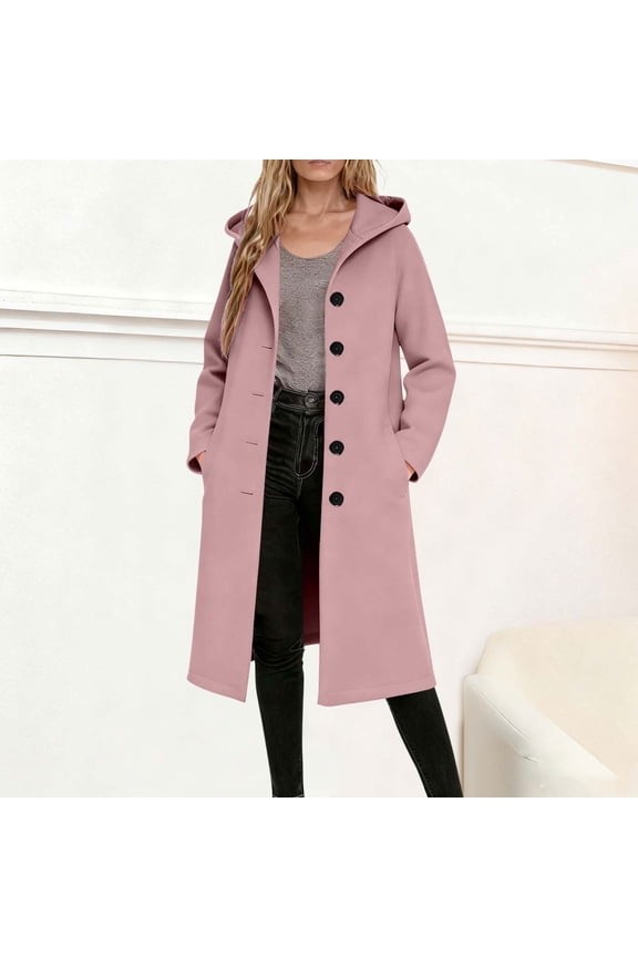 Women's Long Hooded Wool Coat With Buttons and Pockets,Fall winter Fashions Slim Overcoat Pink,Womens Plus XXL