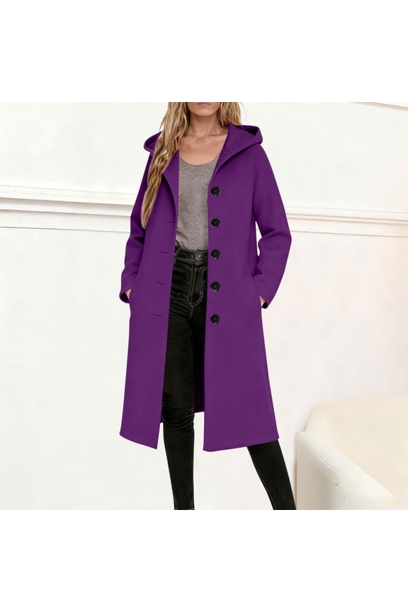 Women's Long Hooded Wool Coat With Buttons and Pockets,Fall winter Fashions Slim Overcoat Purple,Womens Plus XXL