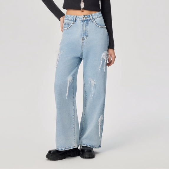 ClodeEU Women's Long Jeans ,Straight Leg High Waisted Pocket Jeans ,Casual Simple Retro Light Blue,Womens Plus L