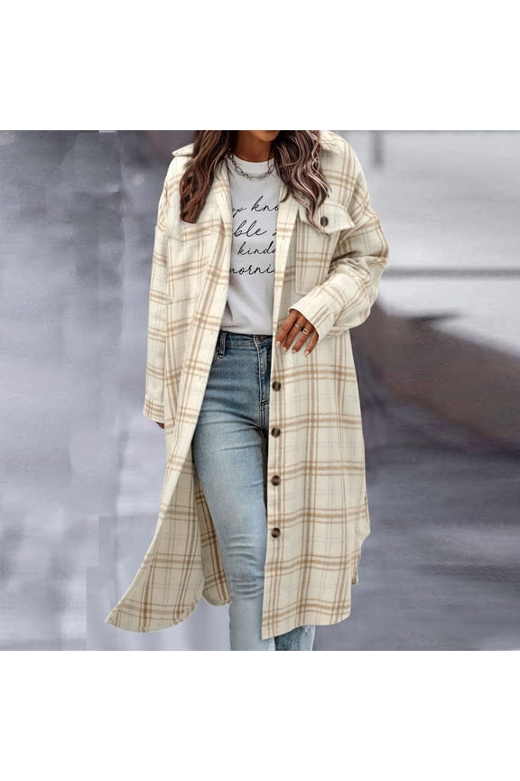 Women's Long Plaid Shacket Jacket ,Lapel Button Down Long Sleeve Trench Coats Beige,Womens Plus XXL