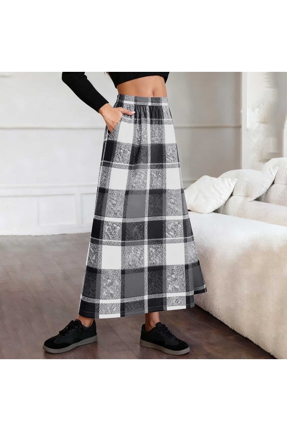 U Women's Long Plaid Skirt,High Elastic Waist Fall Winter A Line Maxi Warm Wool Skirt With Pockets Gray,Womens Plus L