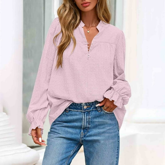 ClodeEU Women's Long Ruffle Sleeved V Neck Shirt ,Loose Casual Blouses,Solid Color Shirt Top Pink,Womens Plus XL
