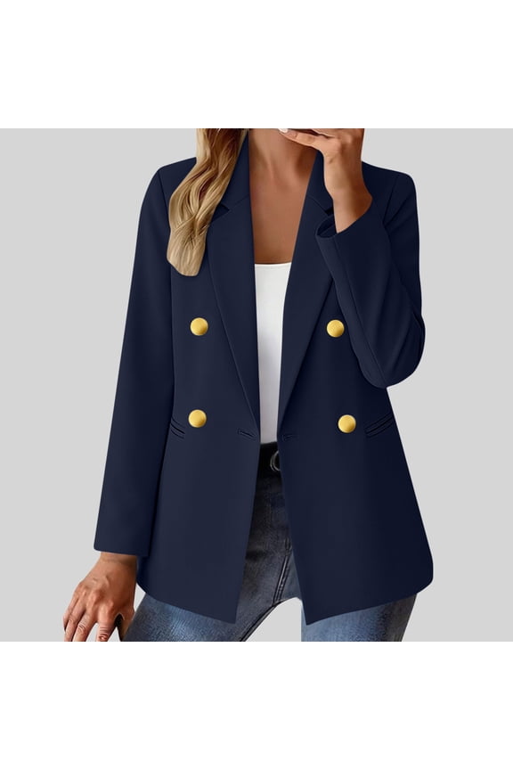 Women's Long Sleeve Button Blazer ,Notch Collar Slim Fit Cardigan Jacket with Pockets Navy,Womens Plus S