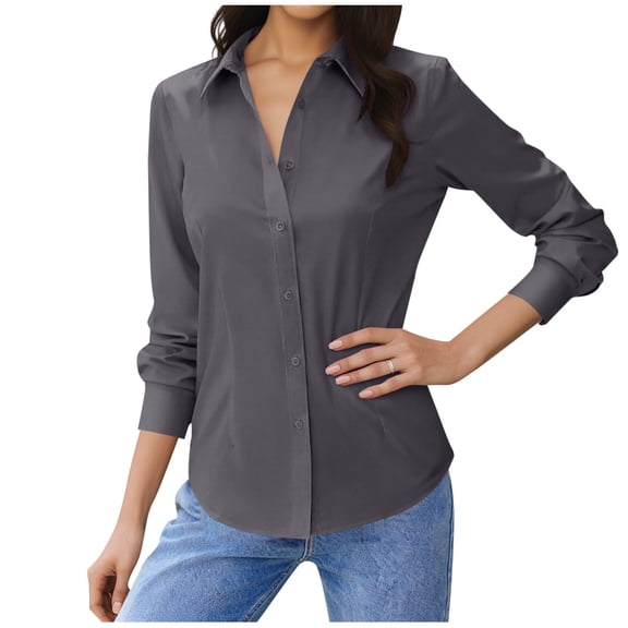 ClodeEU Women's Long Sleeve Button Down Collared Shirt ,Vintage Shirt Slim Fitted Classic Work Blouse Tops Gray,Womens Plus S