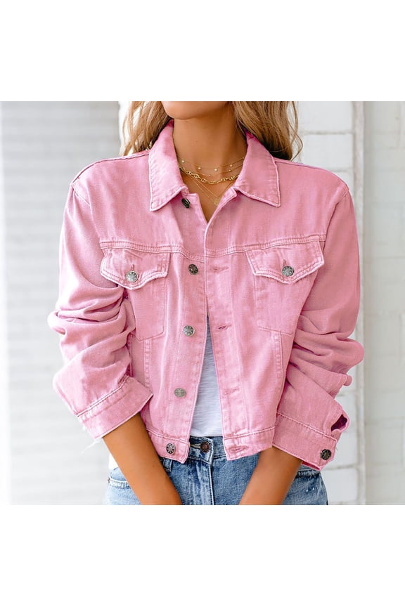 Women's Long Sleeve Button Down Denim Jacket,Casual Jean Coat with Pockets Pink,Womens Plus M
