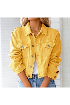 Women's Long Sleeve Button Down Denim Jacket,Casual Jean Coat with Pockets Yellow,Womens Plus XL