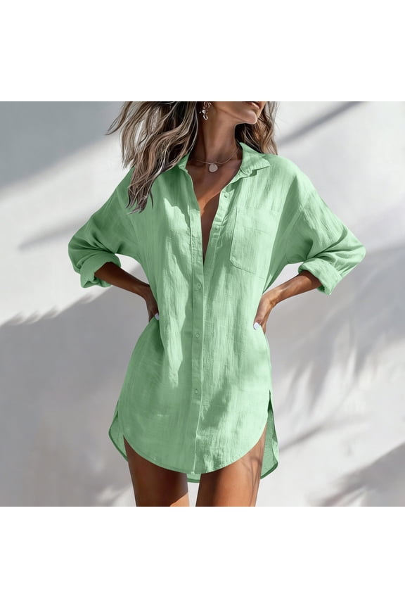 Women's Long Sleeve Button Notch Collar Shirt with Pockets ,Loose Fit Casual Blouse Green,Womens Plus XL