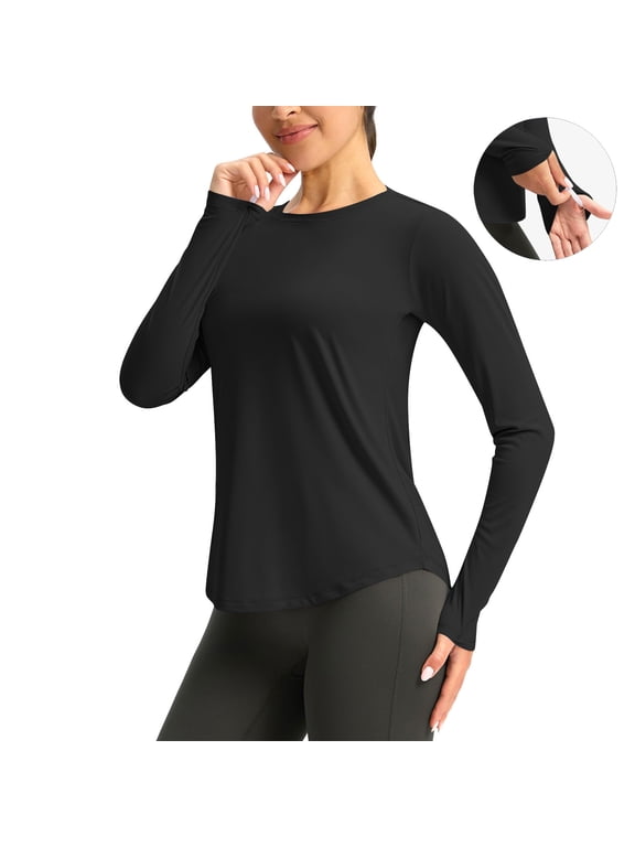 Women's Long Sleeve Crew Neck Active Top, Casual Workout Tunic with Thumb Holes Black,Women's Plus XXL
