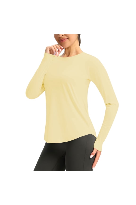 Women's Long Sleeve Crew Neck Active Top, Casual Workout Tunic with Thumb Holes Yellow,Women's Plus S