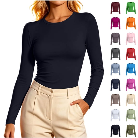ClodeEU Women's Long Sleeve Crew Neck Fitted Top, Basic Solid Color Slim Fit Casual Daily Wear Shirt ,Women's XS-XXL